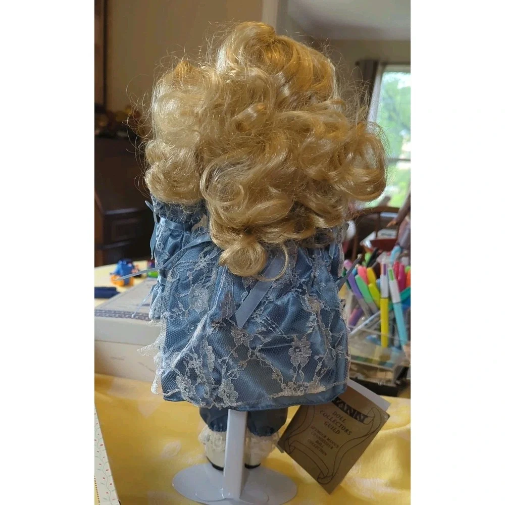 Porcelain Doll Seymour Mann Blond hair‎ blue eyes Amanda Blue Dress and stand